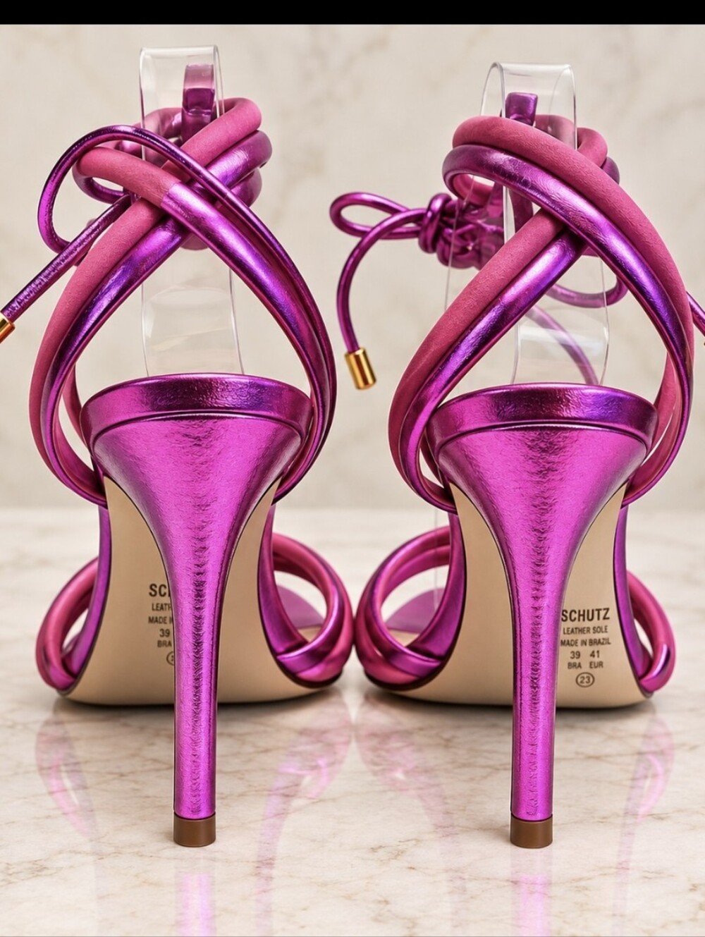 New Schutz Hot Pink Metallic Leather & Suede Strappy Stiletto Sandals 8/39 $198 - Picture 4 of 6